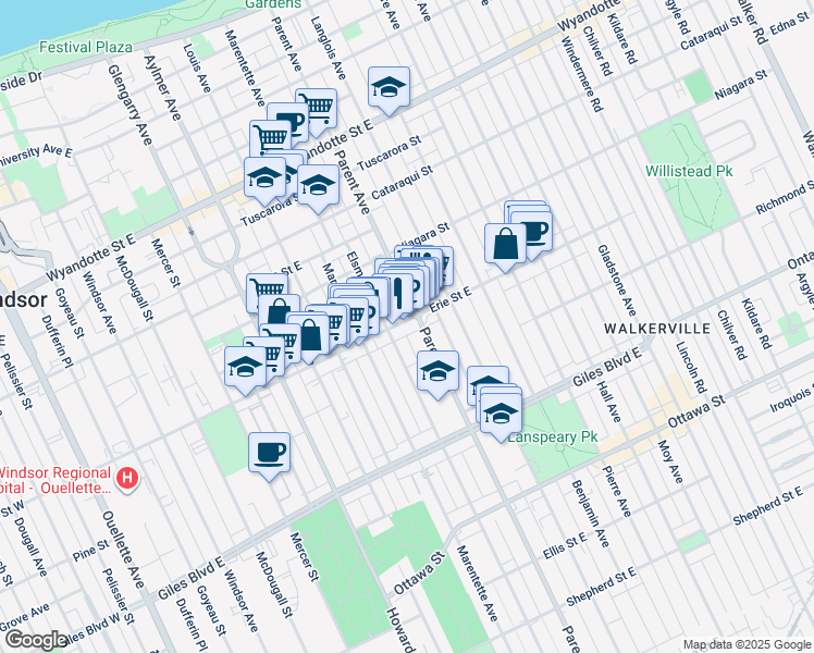 map of restaurants, bars, coffee shops, grocery stores, and more near 1015 Parent Avenue in Windsor