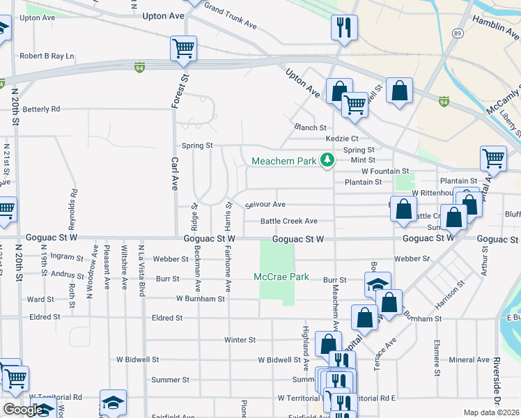 map of restaurants, bars, coffee shops, grocery stores, and more near 110 Seivour Avenue in Battle Creek