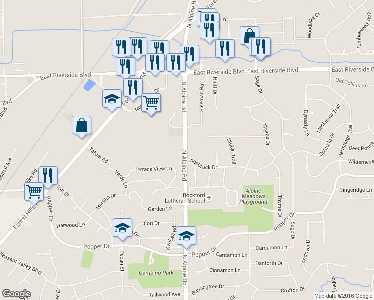 map of restaurants, bars, coffee shops, grocery stores, and more near 3727 North Alpine Road in Rockford