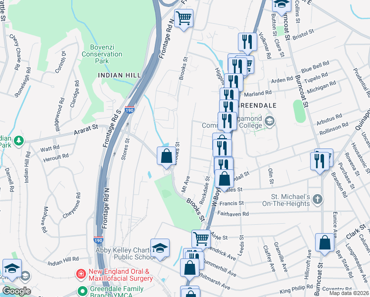 map of restaurants, bars, coffee shops, grocery stores, and more near 37 Mount Avenue in Worcester