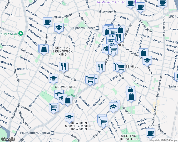 map of restaurants, bars, coffee shops, grocery stores, and more near 92 Bird Street in Boston