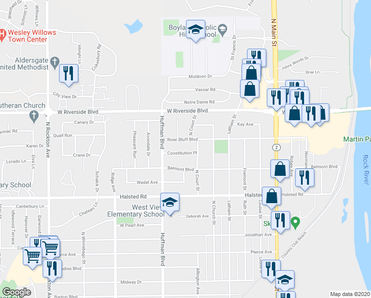 map of restaurants, bars, coffee shops, grocery stores, and more near 1619 Constitution Place in Rockford