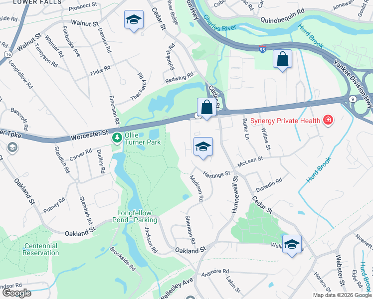 map of restaurants, bars, coffee shops, grocery stores, and more near 66 Hastings Street in Wellesley