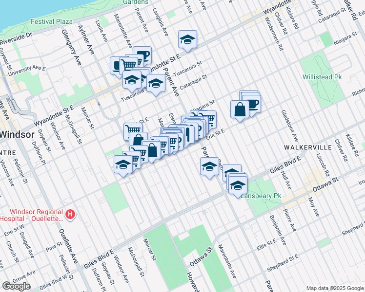 map of restaurants, bars, coffee shops, grocery stores, and more near 870 Erie Street East in Windsor