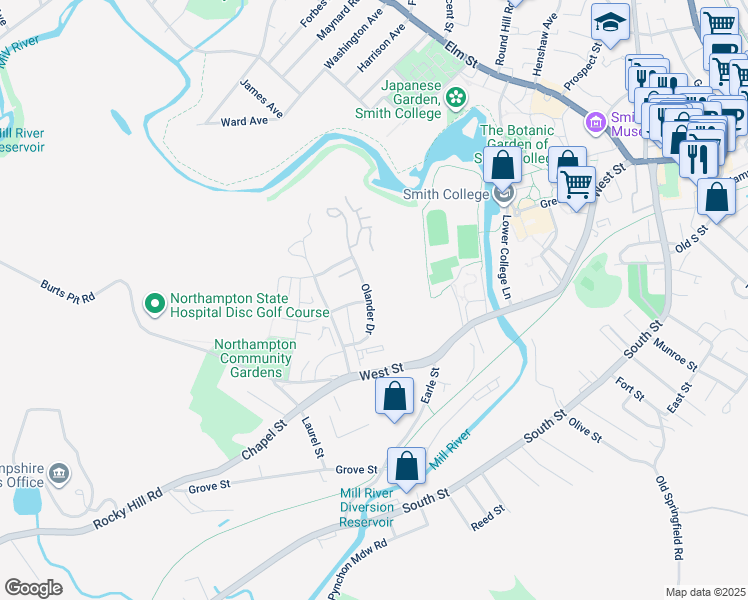 map of restaurants, bars, coffee shops, grocery stores, and more near 63 Olander Drive in Northampton