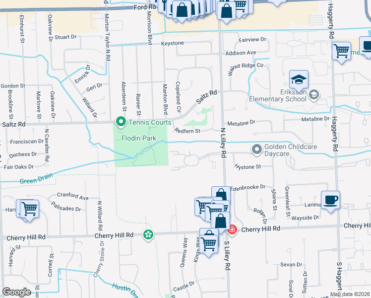map of restaurants, bars, coffee shops, grocery stores, and more near 42473 Lilley Pointe Drive in Canton