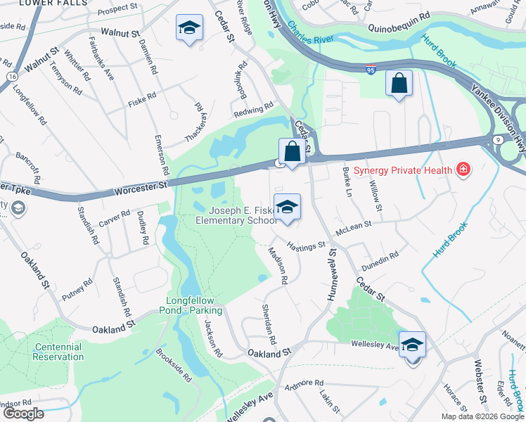 map of restaurants, bars, coffee shops, grocery stores, and more near 60 Hastings Street in Wellesley