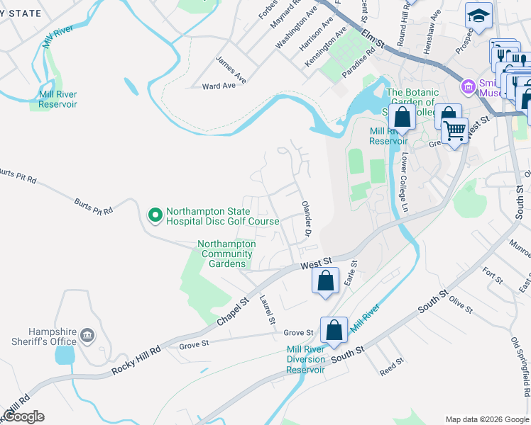 map of restaurants, bars, coffee shops, grocery stores, and more near 74 Village Hill Road in Northampton