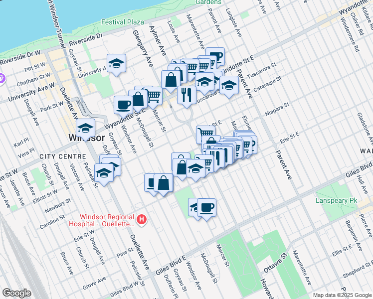 map of restaurants, bars, coffee shops, grocery stores, and more near 438 Niagara Street in Windsor