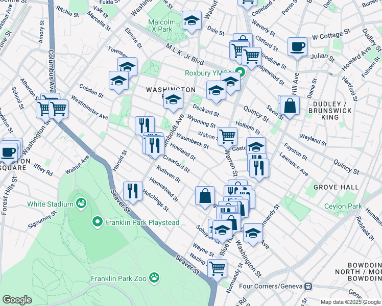 map of restaurants, bars, coffee shops, grocery stores, and more near 41 Howland Street in Boston