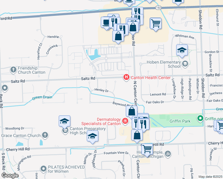 map of restaurants, bars, coffee shops, grocery stores, and more near 810 Mystic Court in Canton