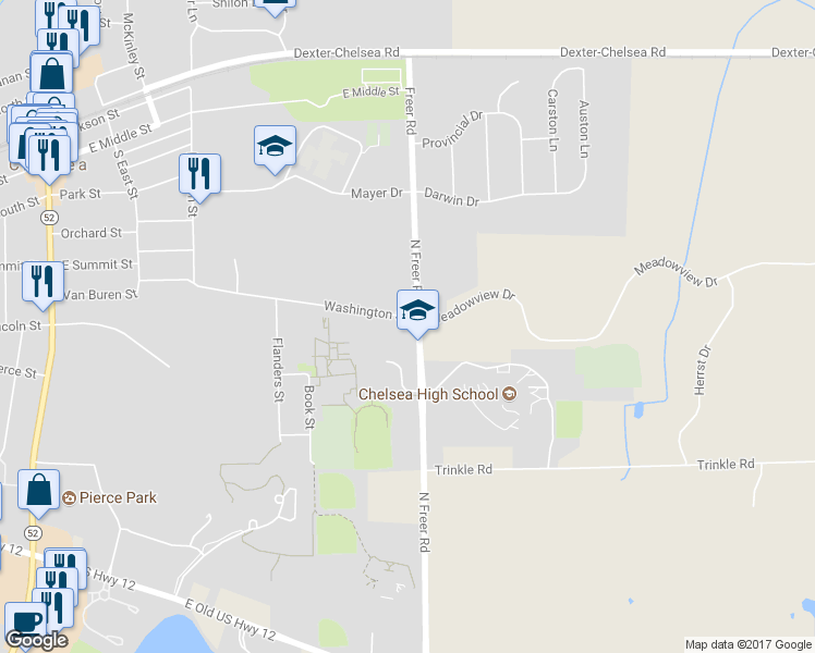 map of restaurants, bars, coffee shops, grocery stores, and more near 777 North Freer Road in Chelsea