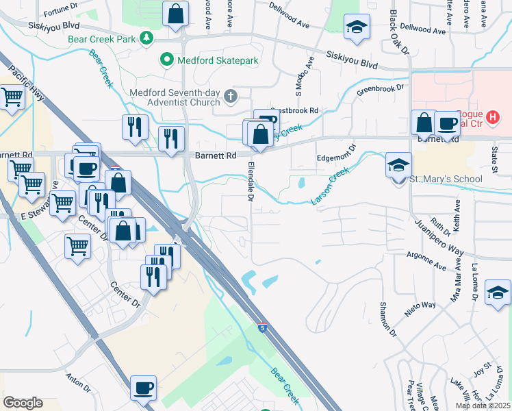 map of restaurants, bars, coffee shops, grocery stores, and more near 1045 Ellendale Drive in Medford