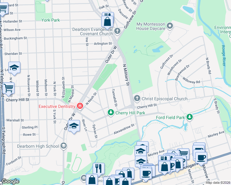 map of restaurants, bars, coffee shops, grocery stores, and more near 330 Tannahill Street in Dearborn