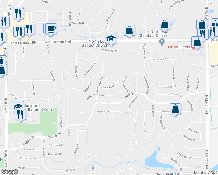 map of restaurants, bars, coffee shops, grocery stores, and more near 5268 Deer Pointe in Rockford