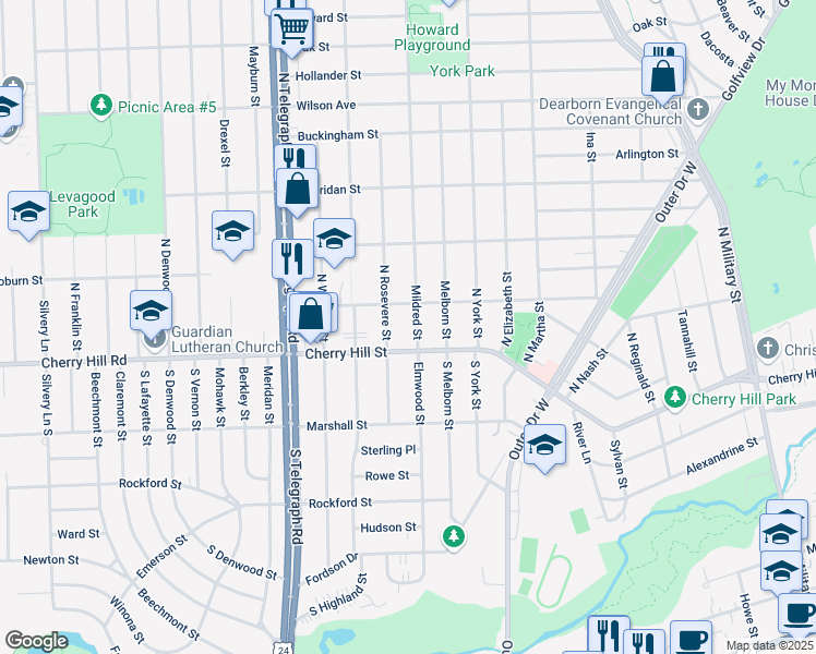map of restaurants, bars, coffee shops, grocery stores, and more near 210 North Rosevere Street in Dearborn