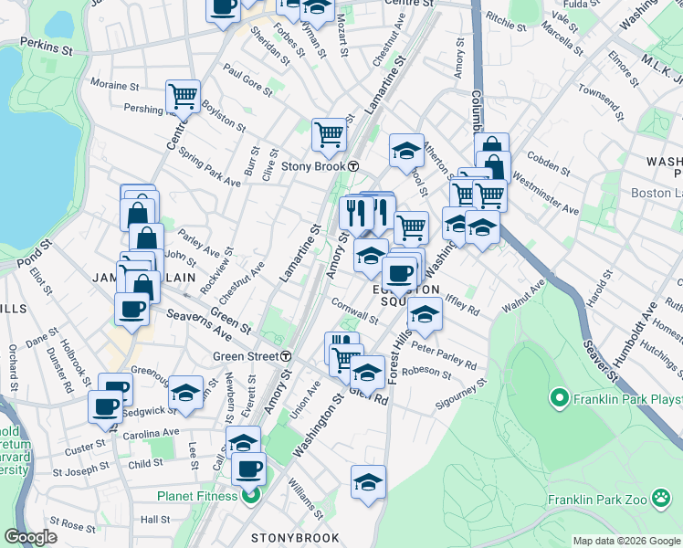 map of restaurants, bars, coffee shops, grocery stores, and more near 36-44 Merriam Street in Boston