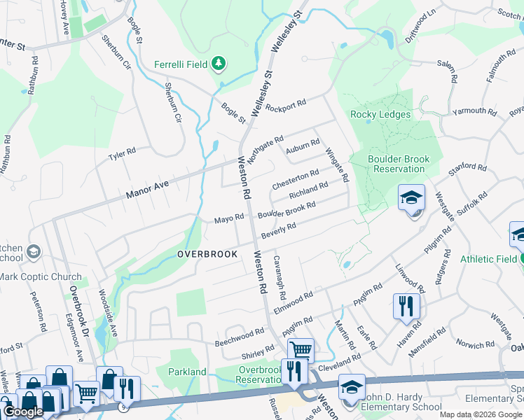 map of restaurants, bars, coffee shops, grocery stores, and more near 6 Boulder Brook Road in Wellesley