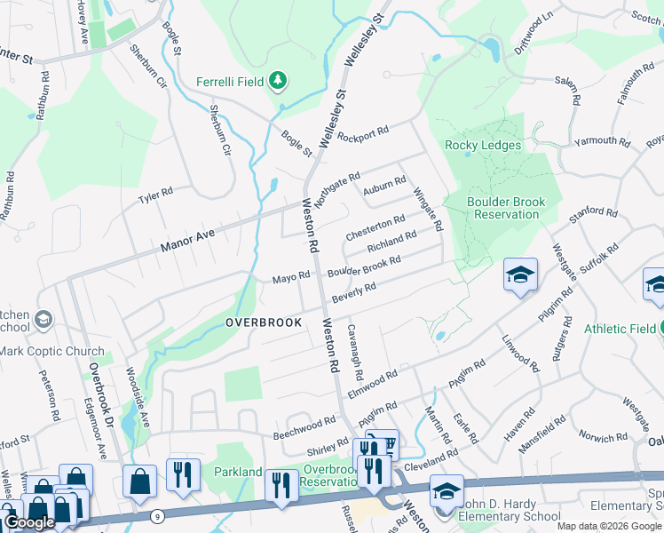 map of restaurants, bars, coffee shops, grocery stores, and more near 6 Boulder Brook Road in Wellesley