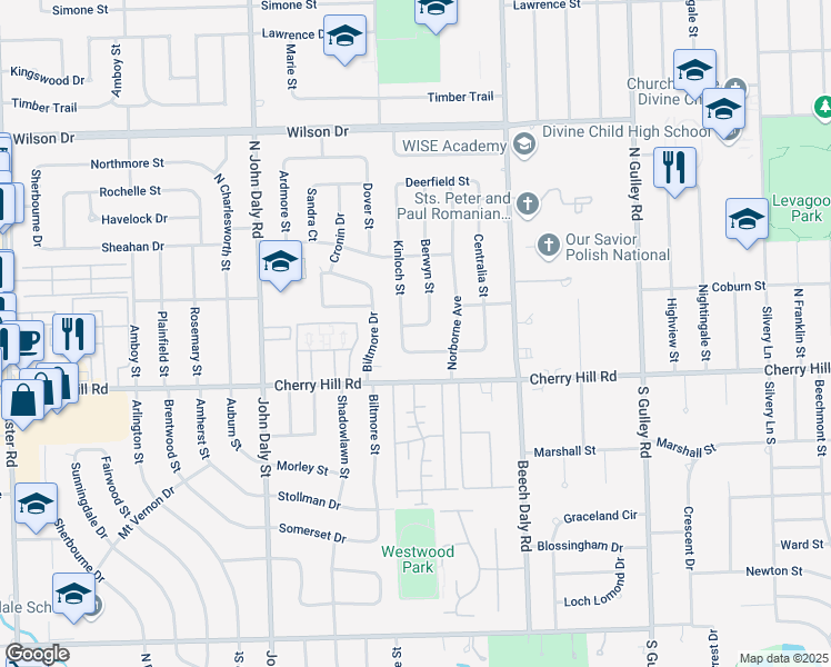 map of restaurants, bars, coffee shops, grocery stores, and more near 414 Berwyn Street in Dearborn Heights