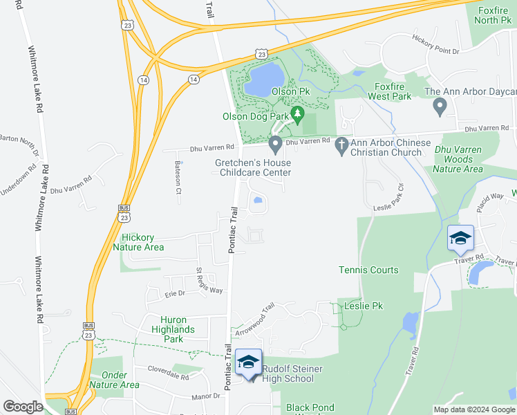 map of restaurants, bars, coffee shops, grocery stores, and more near 2773 South Knightsbridge Circle in Ann Arbor