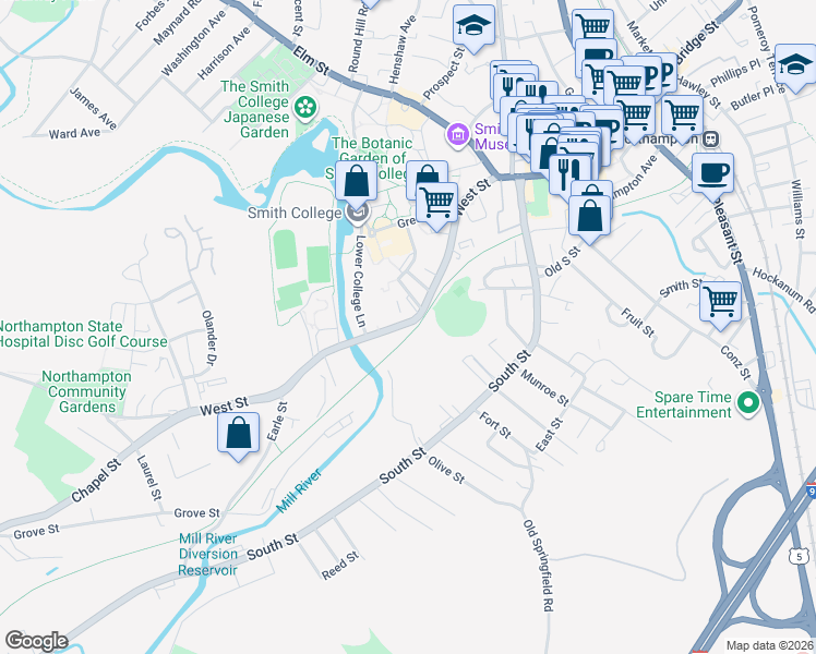 map of restaurants, bars, coffee shops, grocery stores, and more near 136 West Street in Northampton