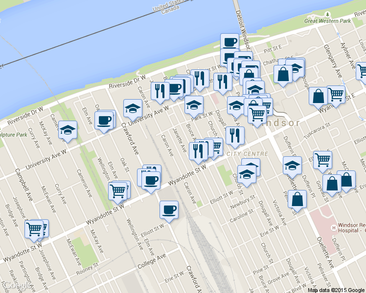 map of restaurants, bars, coffee shops, grocery stores, and more near 488 Janette Avenue in Windsor