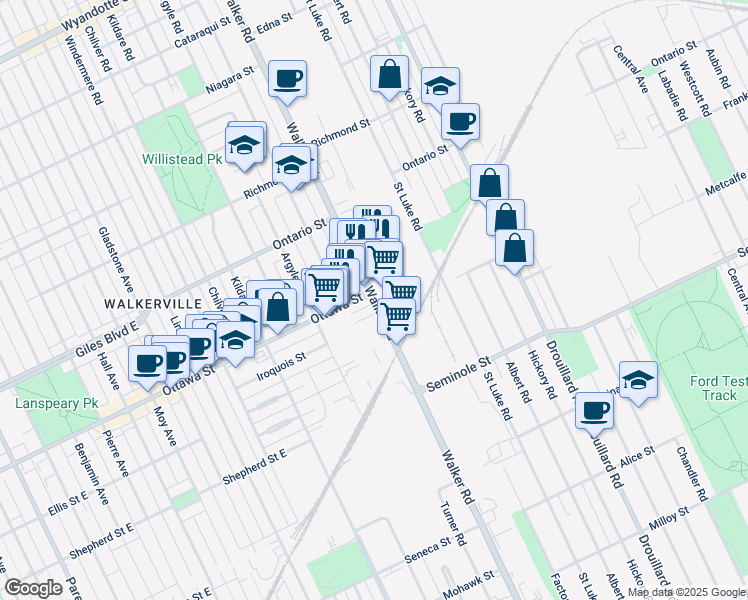 map of restaurants, bars, coffee shops, grocery stores, and more near 1375 Walker Road in Windsor