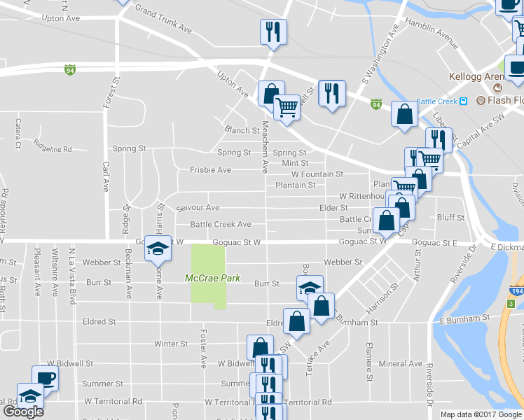 map of restaurants, bars, coffee shops, grocery stores, and more near 138 Meachem Avenue in Battle Creek