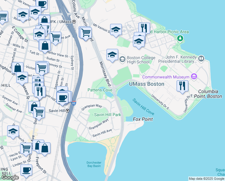 map of restaurants, bars, coffee shops, grocery stores, and more near 37 Morrissey Boulevard in Boston