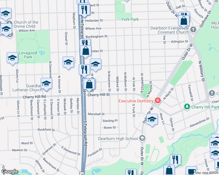 map of restaurants, bars, coffee shops, grocery stores, and more near 210 North Rosevere Street in Dearborn