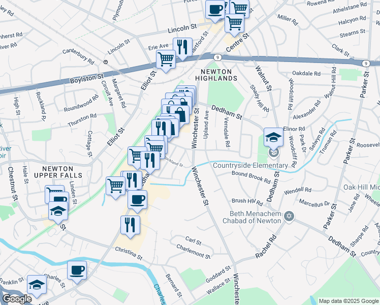 map of restaurants, bars, coffee shops, grocery stores, and more near 193 Winchester Street in Newton