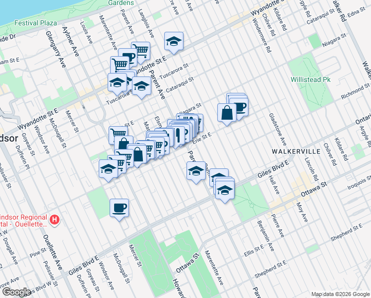 map of restaurants, bars, coffee shops, grocery stores, and more near 1015 Parent Avenue in Windsor