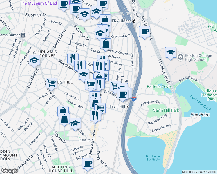 map of restaurants, bars, coffee shops, grocery stores, and more near 11 Doris Street in Boston