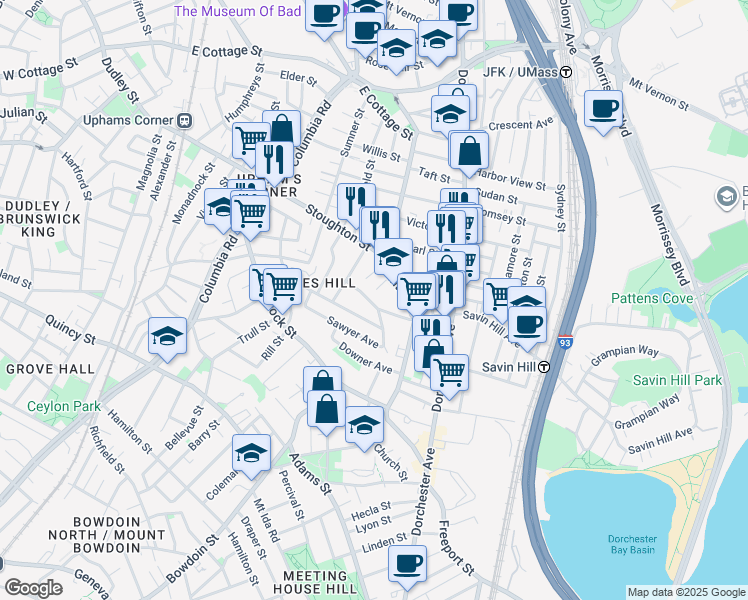 map of restaurants, bars, coffee shops, grocery stores, and more near 21 Peverell Street in Boston