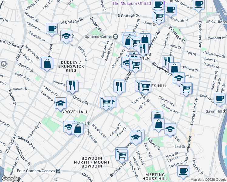 map of restaurants, bars, coffee shops, grocery stores, and more near 460 Columbia Road in Boston
