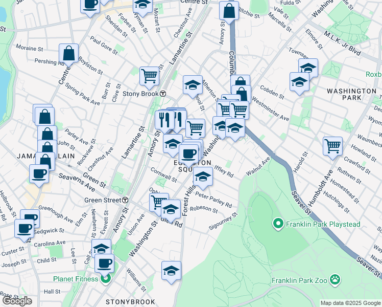 map of restaurants, bars, coffee shops, grocery stores, and more near 59 Haverford Street in Boston