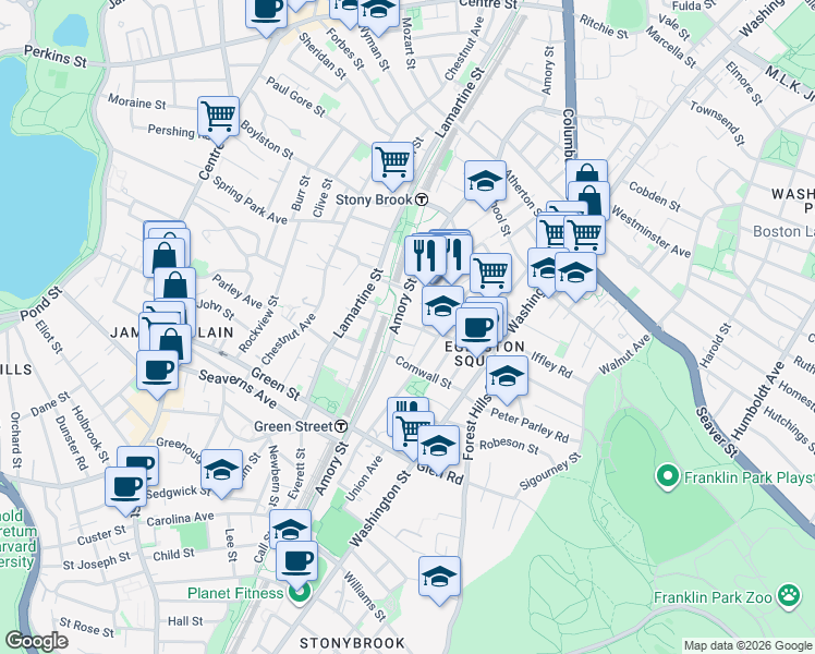 map of restaurants, bars, coffee shops, grocery stores, and more near 36-44 Merriam Street in Boston