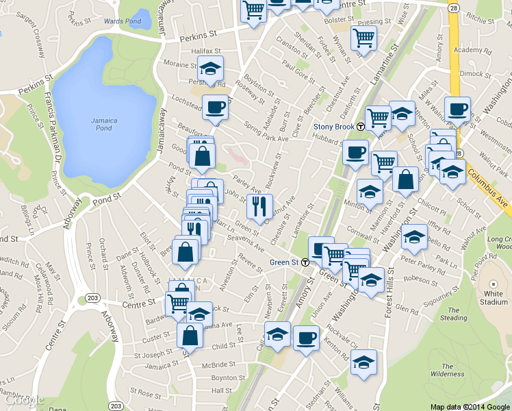 map of restaurants, bars, coffee shops, grocery stores, and more near 90 Rockview Street in Boston