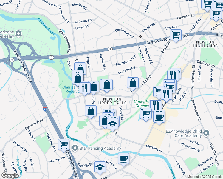 map of restaurants, bars, coffee shops, grocery stores, and more near in Newton