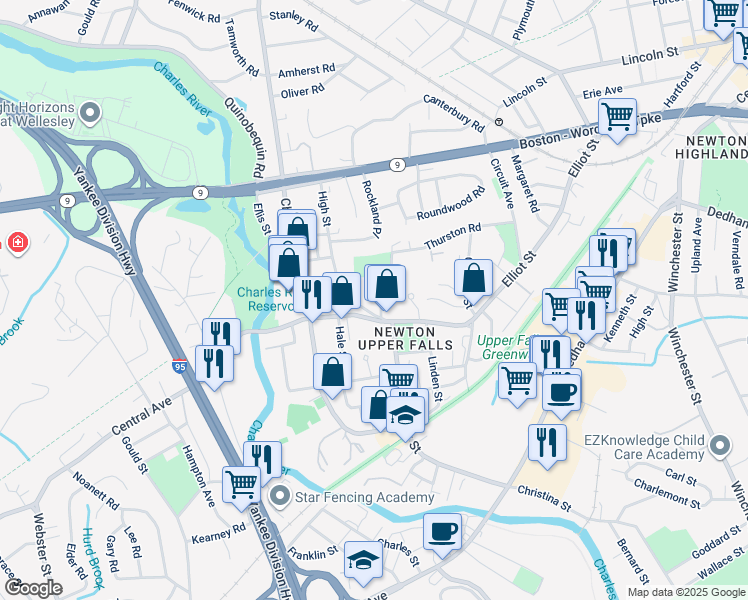map of restaurants, bars, coffee shops, grocery stores, and more near 48 Pettee Street in Newton