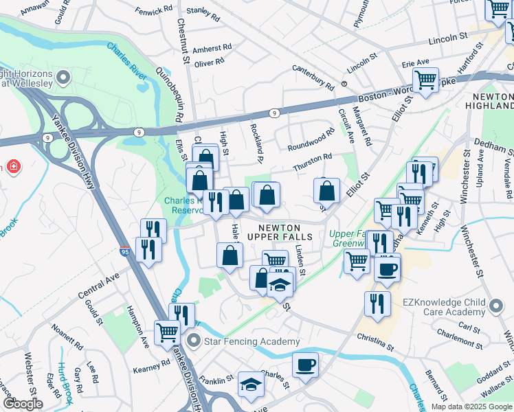 map of restaurants, bars, coffee shops, grocery stores, and more near 48 Pettee Street in Newton