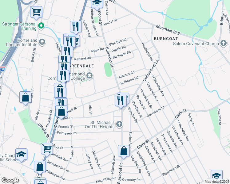 map of restaurants, bars, coffee shops, grocery stores, and more near 145 Randall Street in Worcester
