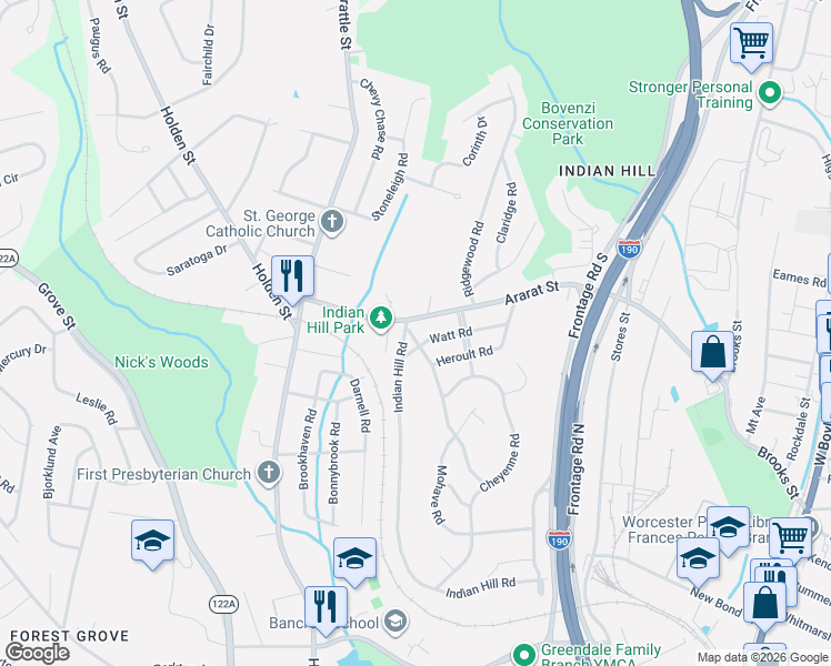 map of restaurants, bars, coffee shops, grocery stores, and more near 3 Marconi Road in Worcester