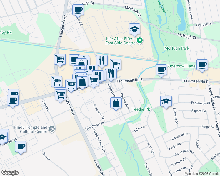 map of restaurants, bars, coffee shops, grocery stores, and more near 2545 Lauzon Road in Windsor