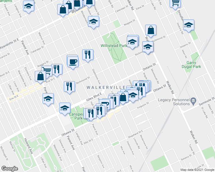 map of restaurants, bars, coffee shops, grocery stores, and more near in Windsor