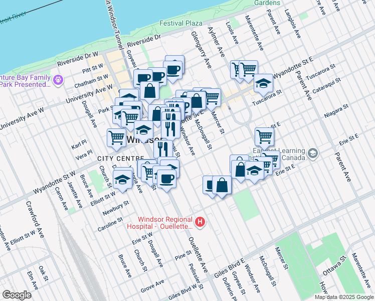 map of restaurants, bars, coffee shops, grocery stores, and more near in Windsor