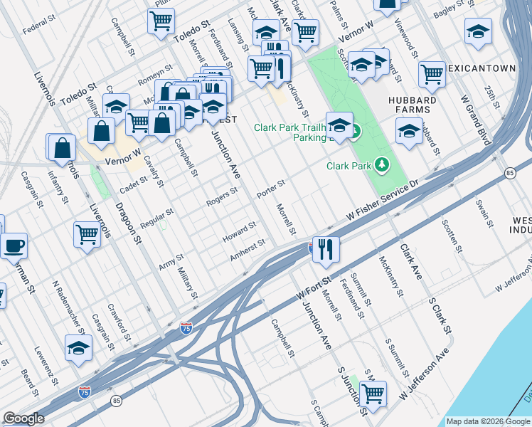 map of restaurants, bars, coffee shops, grocery stores, and more near in Detroit
