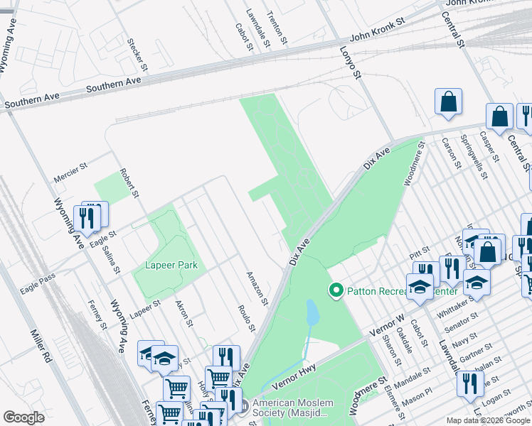 map of restaurants, bars, coffee shops, grocery stores, and more near 2965 Western Street in Detroit