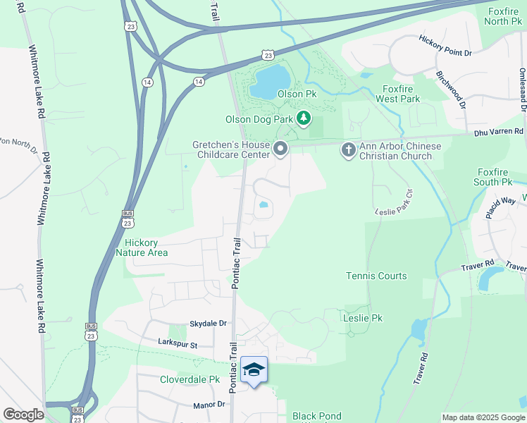 map of restaurants, bars, coffee shops, grocery stores, and more near 2781 South Knightsbridge Circle in Ann Arbor